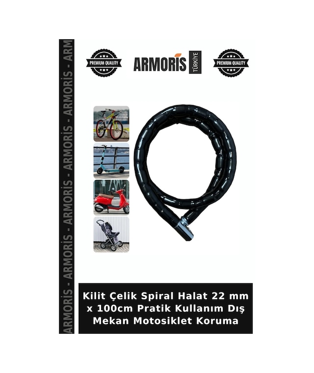 Kilit Çelik Spiral Halat 22 Mm X 100cm Pratik Kullanım Dış Mekan Motosiklet Koruma