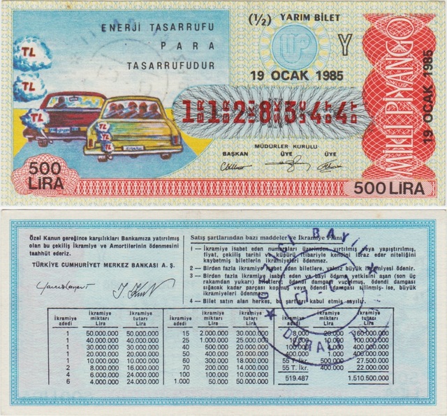 Eski Milli Piyango 12 Yarım Bilet 19 Ocak 1985. Taarrufu. Teşhir Ürün