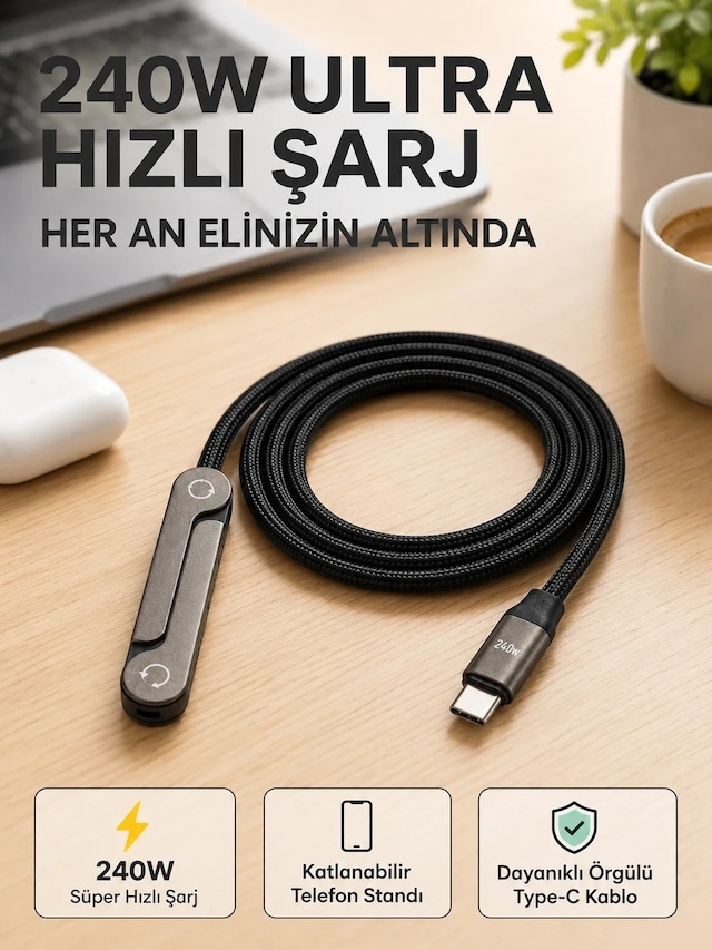 Ers Örgülü 240w Type-c Katlanabilir Telefon Standlı Şarj Kablosu