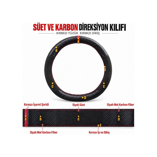 Kia Pro Ceed Dikme Direksiyon Kılıfı Alcantara Süet Mat Karbon Kırmızı Yüzük Ve Dikiş 2013-2018