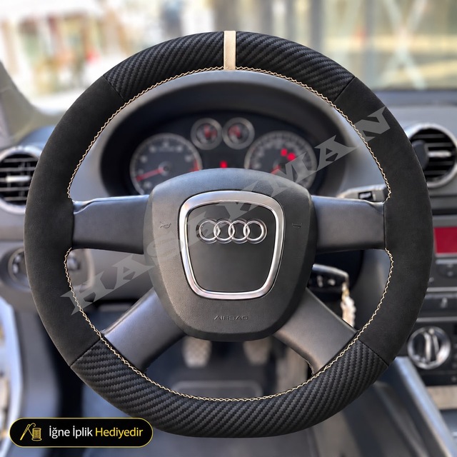 Audi A4 B7 Dikme Direksiyon Kılıfı Alcantara Süet Mat Karbon Bej Yüzük Ve Dikiş 4 Kollu Tuşsuz 2004-2008