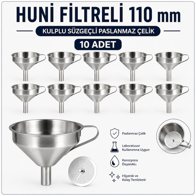 Huni Filtreli 110 Mm - Kulplu Süzgeçli Paslanmaz Çelik 10 Adet