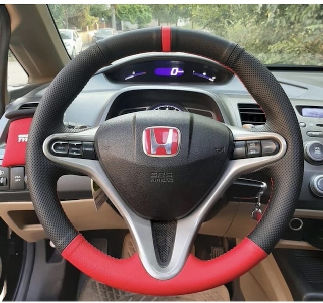 Honda Cıvıc Fd6 Araç Için Kırmızı Yüzüklü Noktalı Deri Araç Simit Direksiyon Kılıfı