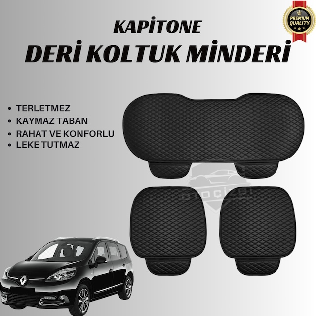 Renault Scenic 2 Uyumlu Deri Kapitone Koltuk Minderi Koruma Kılıfı 3 Lü Set