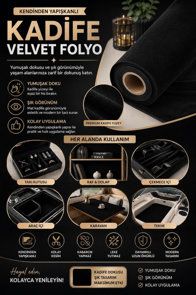 Kendinden Yapışkanlı 50cm X 1 Metre Siyah Süet Kadife Velvet Folyo
