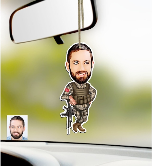 Kişiye Özel Asker Karikatürlü Ahşap Araba Dikiz Ayna Süsü-2