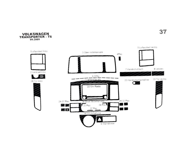 Volkswagen Transporter T6 Torpido Kaplama 2009-2014 37 Parça Siyah Karbon