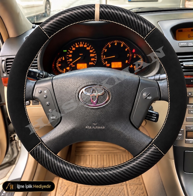 Toyota Avensis T250 Dikme Direksiyon Kılıfı Alcantara Süet Mat Karbon Bej Yüzük Ve Dikiş Comfort-elegant-düz Kollu Tipler 2003-2006