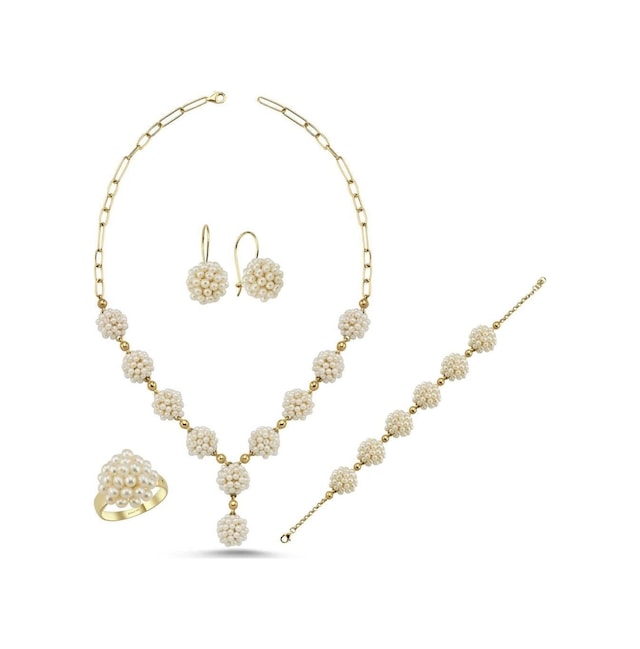 2,5 Mm Doğal İnci Küpe Kolye Bileklik Yüzük Dörtlü Set 19
