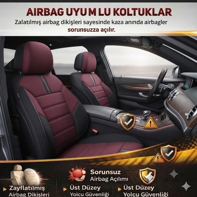 Yıldız Bordo Siyah Serisi Üniversal Oto Koltuk Kılıfı Ön Arka Koltuk Tam Set