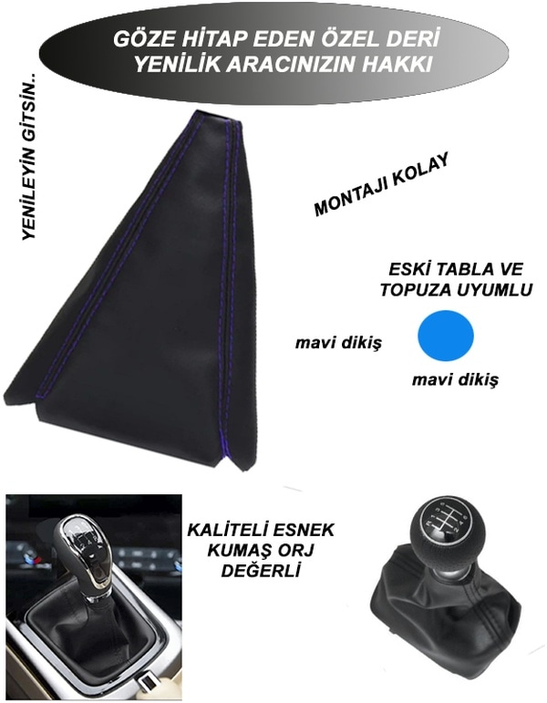 Peugeot 306 Uyumlu Oto,araç Vites Körügü Siyah Deri Mavi Dikiş