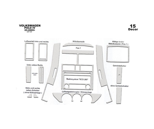 Volkswagen Polo Uyumlu Torpido Kaplama 2005-2009 15 Parça Alüminyum