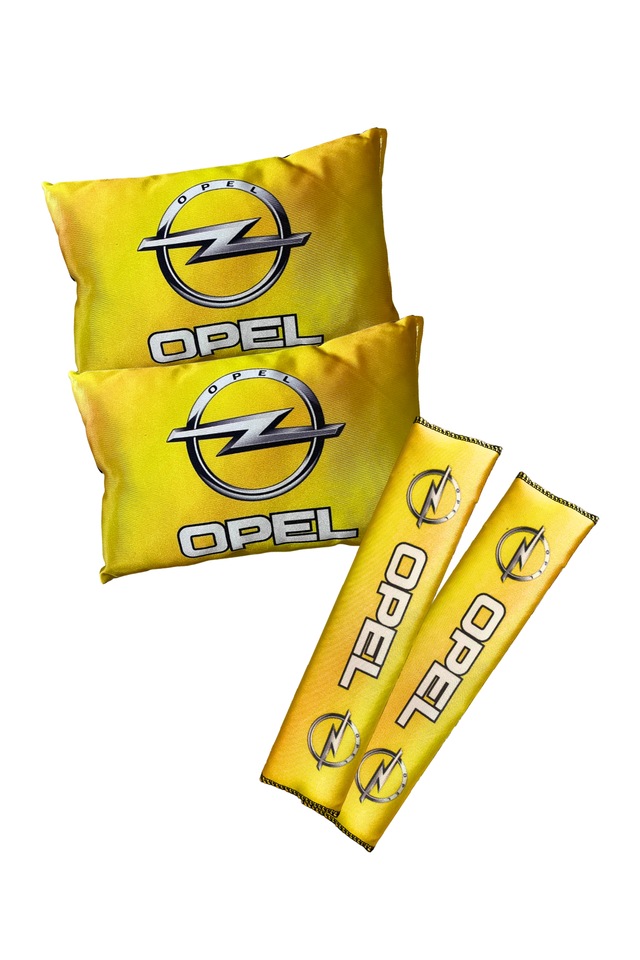 Opel Logolu Sarı Dijital Baskılı Araç Boyun Yastığı & Emniyet Kemer Pedi 2 Li Set Sarı
