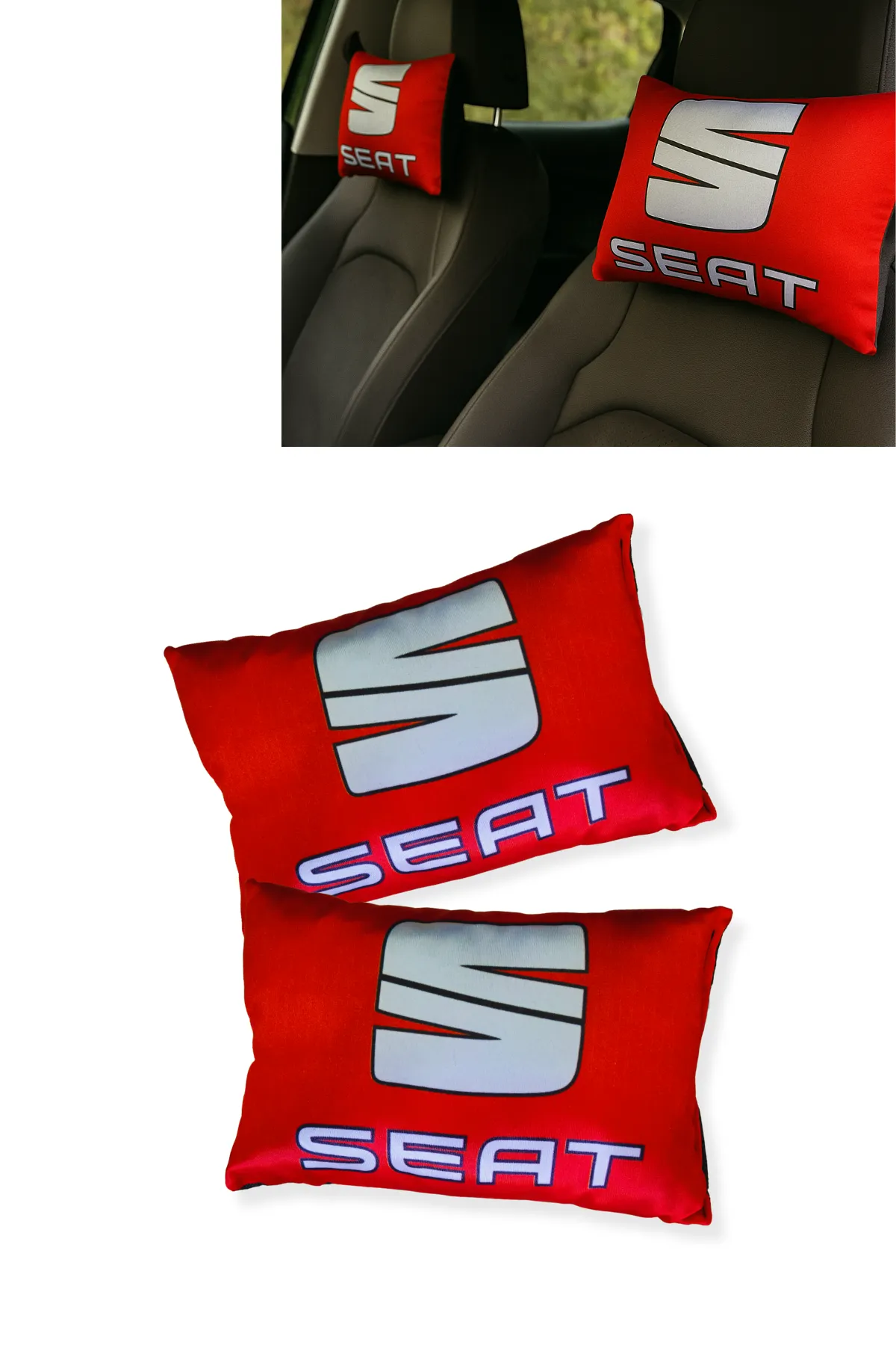 Seat Logolu Kırmızı Oto Seyahat Boyun Yastığı 2 Li Dijital Baskılı Konforlu Araç Boyun Destek Yastığı Kırmızı