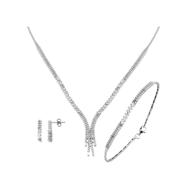 Baget Taşlı 14 Ayar Beyaz Altın Suyolu Set STVRB14K21858