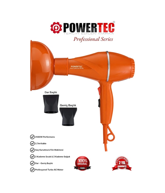 Powertec TR-501+Renkli Hacimlendirici Difüzör Başlıklı Profesyonel Saç Kurutma ve Fön Makinesi