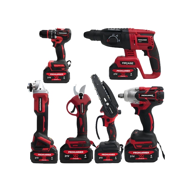 Prohummer Ph338 Profesyonel Kömürsüz Akülü Kırmızı 6lı Set - 21v 4ah Kırıcı Delici, Somun Sıkma, Vidalama, Avuç Taşlama, Dal Budama Makası, Dal Testeresi