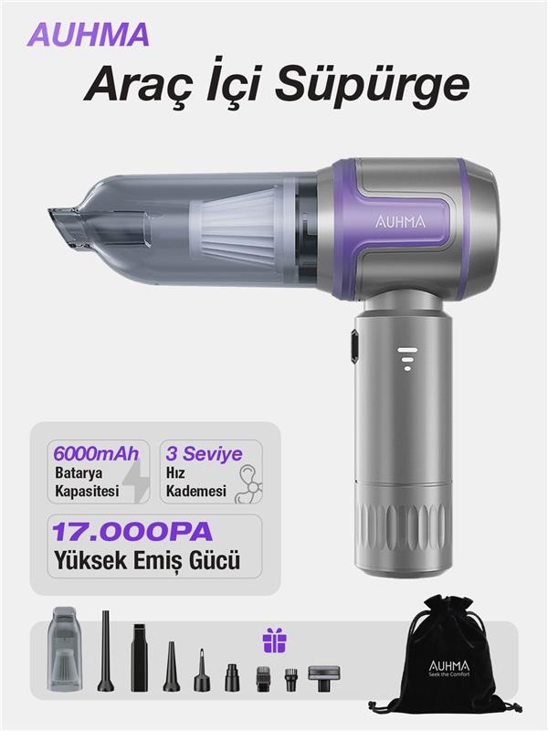 Auhma Ahv-09 4'ü 1 Arada 17000pa Kablosuz Taşınabilir Araç İçi El Süpürgesi