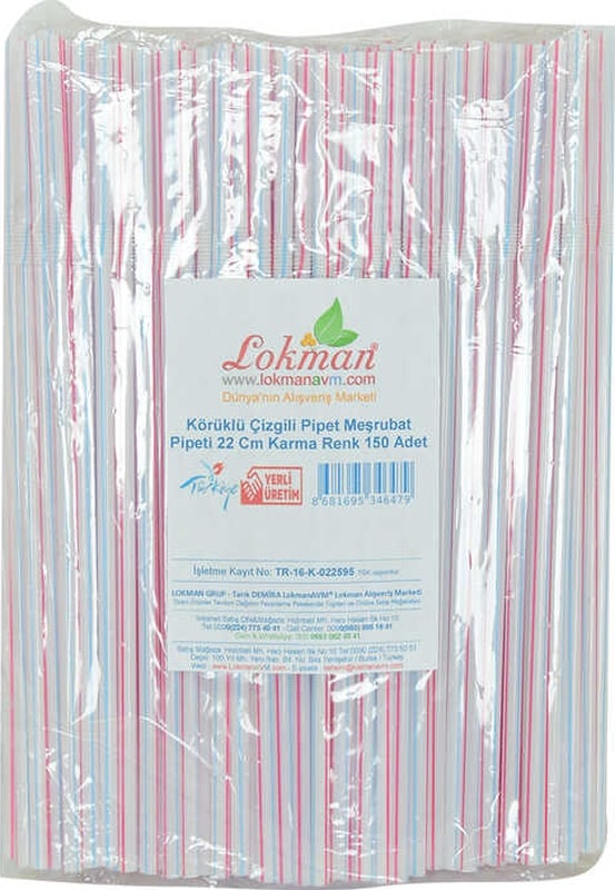 Körüklü Çizgili Pipet Ayran Kola Meşrubat Pipeti 22 Cm Renk 150 Adet Paket