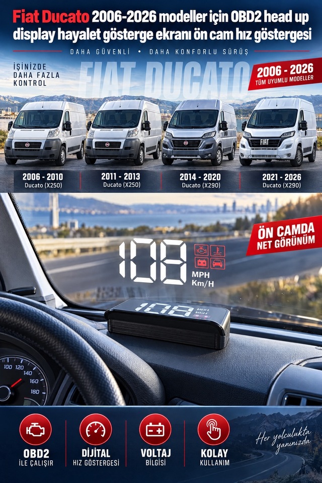 Fiat Ducato 2006-2026 Modeller İçin Obd2 Head Up Display Hayalet Gösterge Ekranı Ön Cam Hız Göstergesi