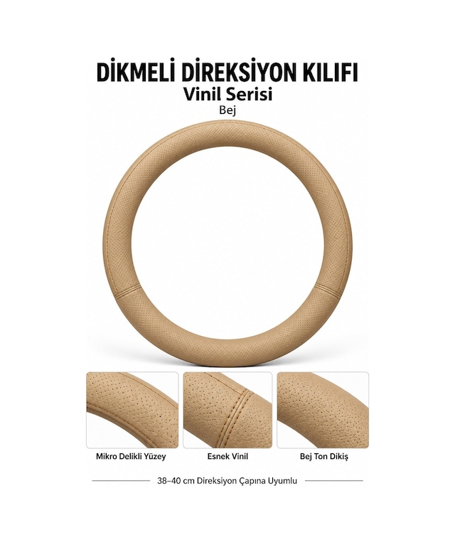 Trobus Universal 38-40 Cm Dikmeli Direksiyon Kılıfı Vinil Bej