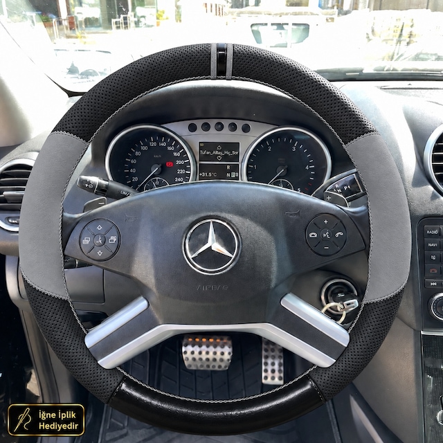 Mercedes Ml W164 Dikme Direksiyon Kılıfı Delikli Deri Parlak Siyah Gri Detay Çift Yüzük Ve Dikiş Suv-4 Kollu-geniş Yuvarlak 2005-2011