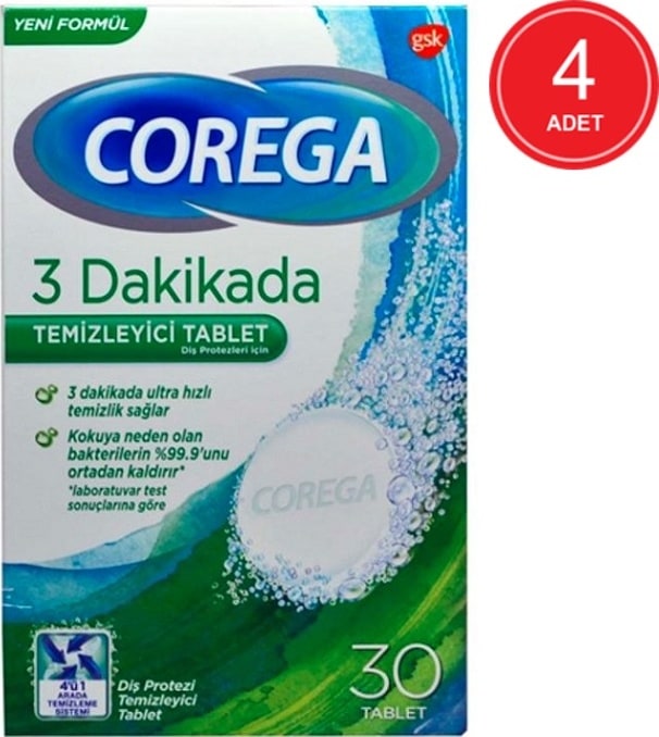 Corega 3 Dakikada Protez Temizleyici Tablet 30'lu x 4 Paket