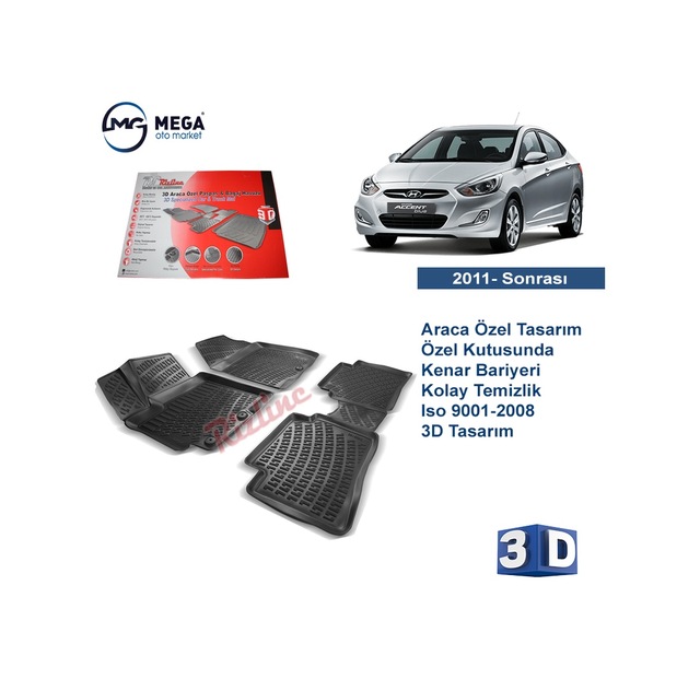 Hyundai Accent Blue Paspas 3D Siyah Rizline Havuzlu 2011- Sonrası