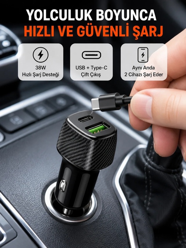 Ers Kompakt Tasarımlı Type-c + Usb Girişli Araç Şarj Başlığı
