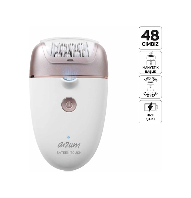 Arzum AR5175 Sateen Touch Şarjlı Epilasyon Seti, 48 Cımbızlı Başlık, 2 Farklı Hız Ayarı, Led Işık Sistemi