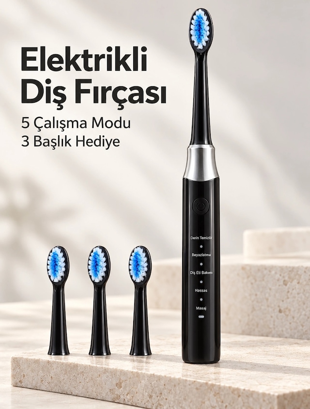 Kargo Hassas Ve Masaj Modlu Siyah Elektrikli Diş Fırçası Usb Şarjlı 3 Başlık Hediyeli Najmaddin