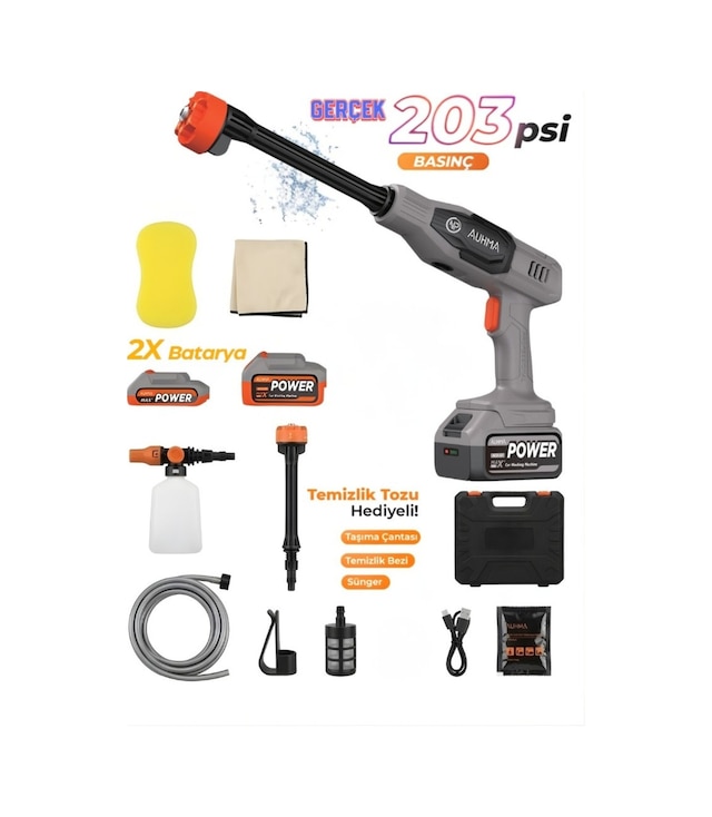 Npo Auhma Acr07g Reel 203psı Çift Akülü Yeni Nesil Motor 12 Parça Profesyonel Oto Yıkama Tabancası