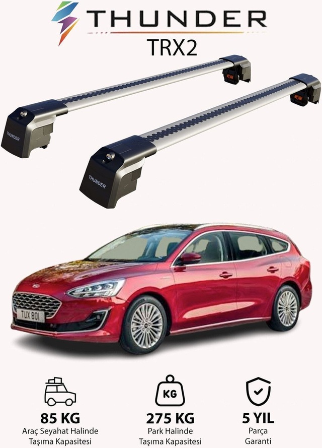 Ford Focus Estate 2019-sonrası Trx2 Thunder Carrier Kilitli Ara Atkı Taşıyıcı Tavan Barı Gri