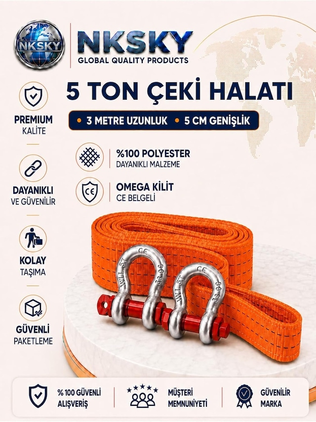 Tr 5 Ton Araç Çekme Halatı 3 Metre 5 Cm Genişlik Ce Belgeli Omega Kilit Oto Çeki Halatı Turuncu