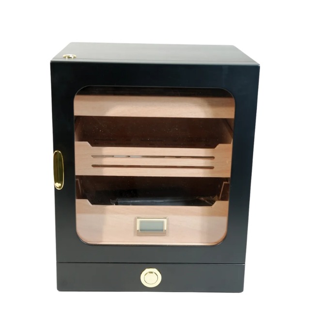 Premiumquality Las Condes Aksesuar Çekmeceli İçi Ledli Siyah Sedir Humidor Puro Kutusu 00000tr9827