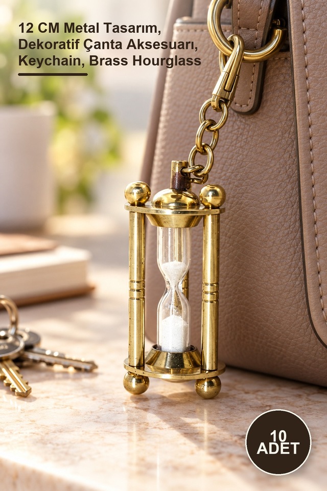 10 Adet Pirinç Kumsaati Anahtarlık 12 Cm Metal Tasarım, Dekoratif Çanta Aksesuarı, Keychain, Brass Hourglass
