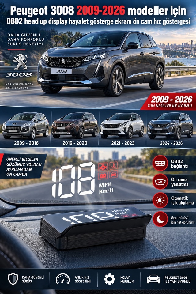 Peugeot 3008 2009-2026 Modeller İçin Obd2 Head Up Display Hayalet Gösterge Ekranı Ön Cam Hız Göstergesi
