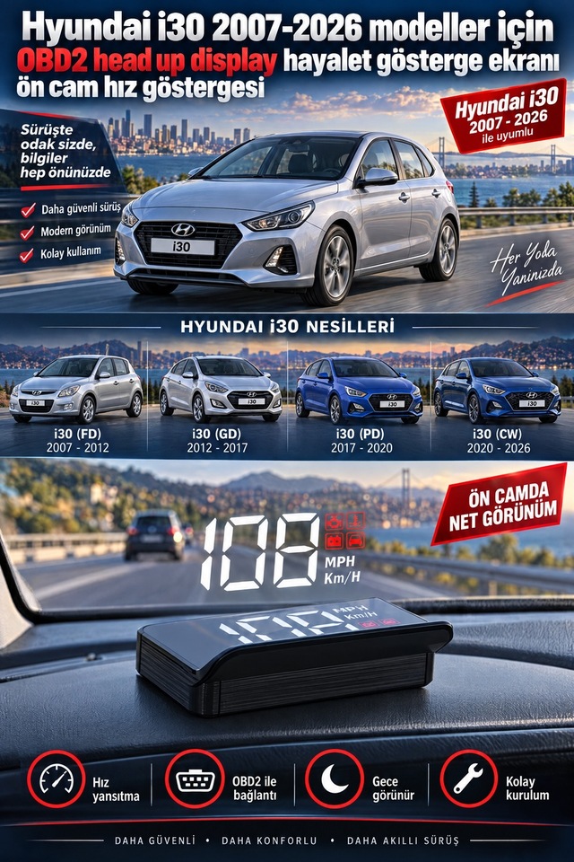 Hyundai İ30 2007-2026 Modeller İçin Obd2 Head Up Display Hayalet Gösterge Ekranı Ön Cam Hız Göstergesi
