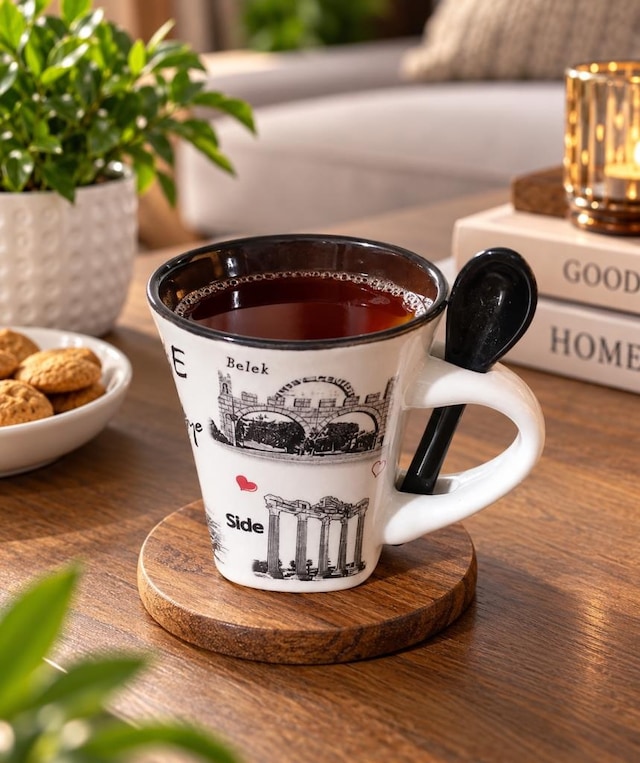Kupa Bardak 100 Ml Kaşıklı Porselen Türkiye Temalı Yöresel Kahve Çay Bardağı