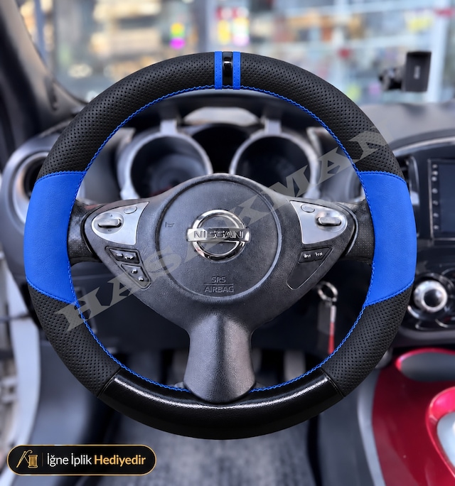 Nissan Micra K13 Dikme Direksiyon Kılıfı Delikli Deri Parlak Siyah Mavi Detay Çift Yüzük Ve Dikiş Tekna-match-çift Tarafı Tuşlu 2013-2017