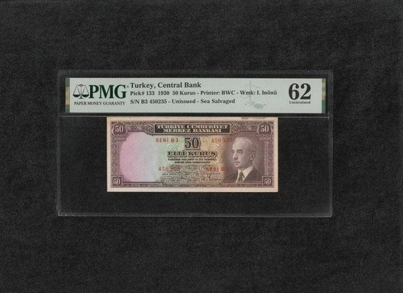 Pmg 62 Unc Çil Inönü Batan Gemi 50 Kuruş P 133 1930 S/n B3 2. Ems