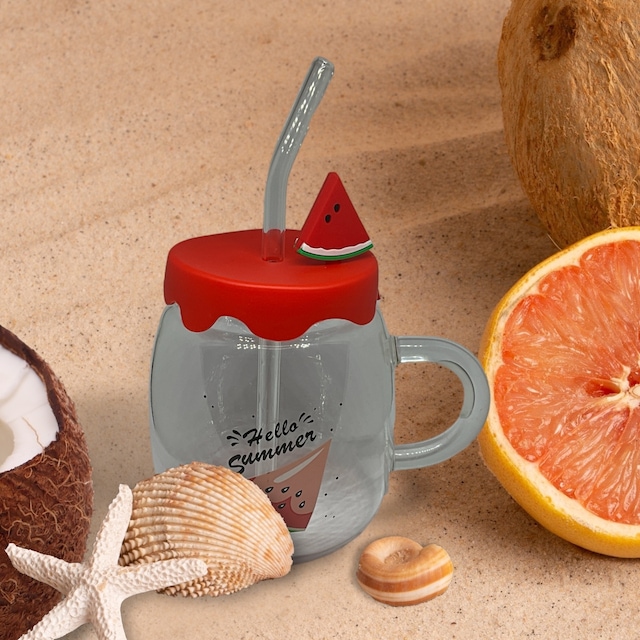 Karpuz Tasarımlı Cam Kupa Bardak - 450 Ml - Silikon Kapaklı - Pipetli