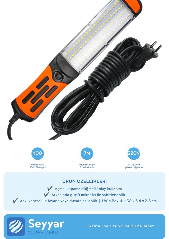 Powermaster 220v 7 Metre Kablolu 100 Ledli Mıknatıslı Kancalı Anahtarlı Seyyar Çalışma Lambası