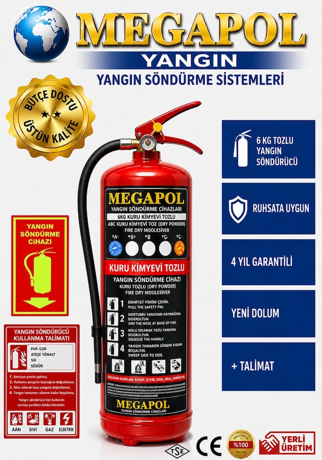 6 Kg Abc Tozlu Yangın Söndürme Cihazı, Yangın Söndürme Tüpü, Yangın Söndürücü