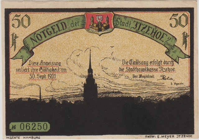 Almanya 50 Pfennig 1921 Notgeld-itzehoe Şehri. Çil.