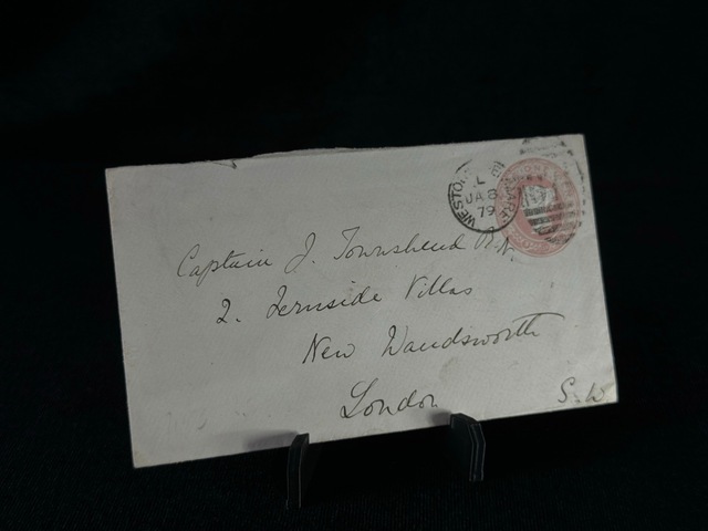 İngiltere Klasik Dönem 1879 Victoria Dönemi Pink Penny Kendinden Pullu Antiye Zarf Varış Damgalı