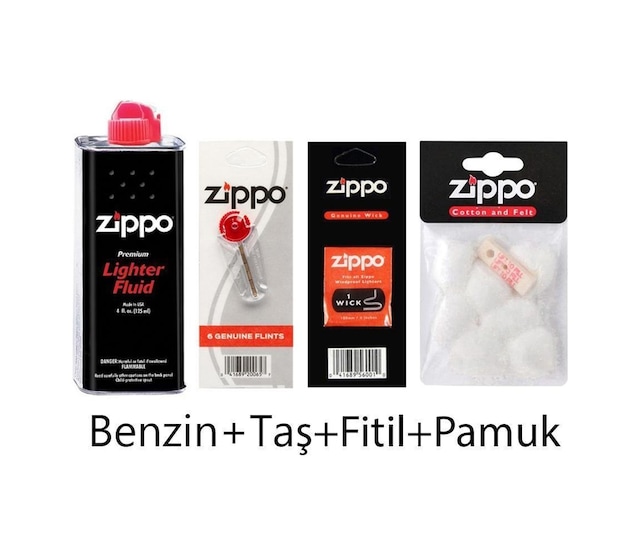 Zippo Çakmak Benzin+Taş+Fitil+Pamuk Keçe Seti