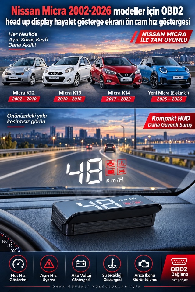 Nissan Micra 2002-2026 Modeller İçin Obd2 Head Up Display Hayalet Gösterge Ekranı Ön Cam Hız Göstergesi