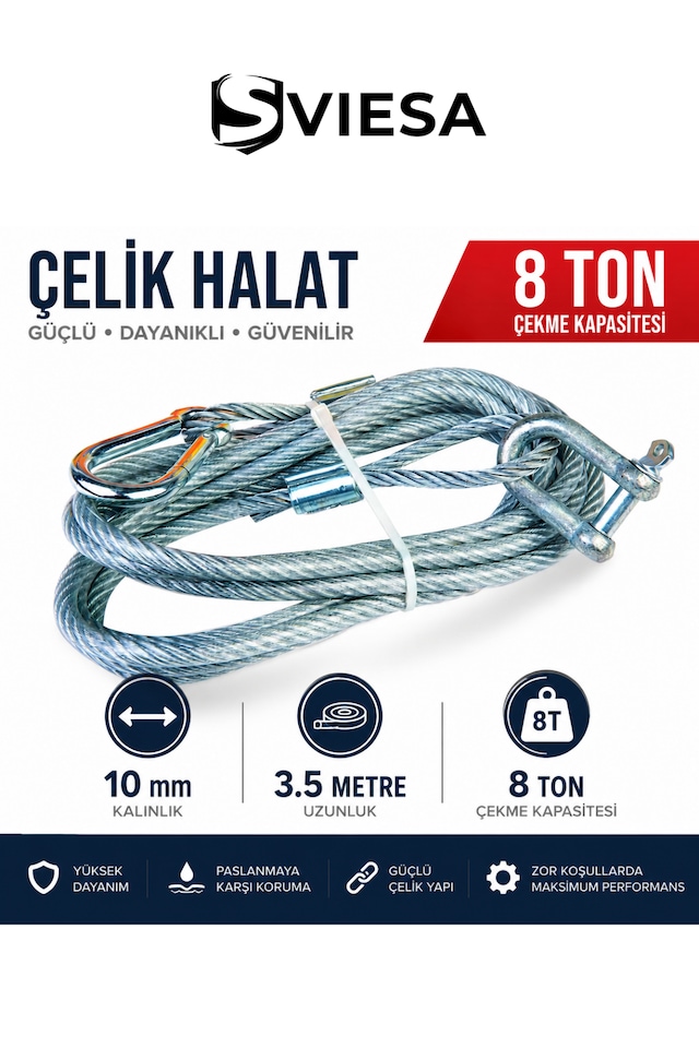 8 Ton Çelik Çekme Halatı 10 Mm Kalınlık 3,5 Metre Uzunluk Ağır Hizmet Araç Kurtarma Ve Çeki Halatı