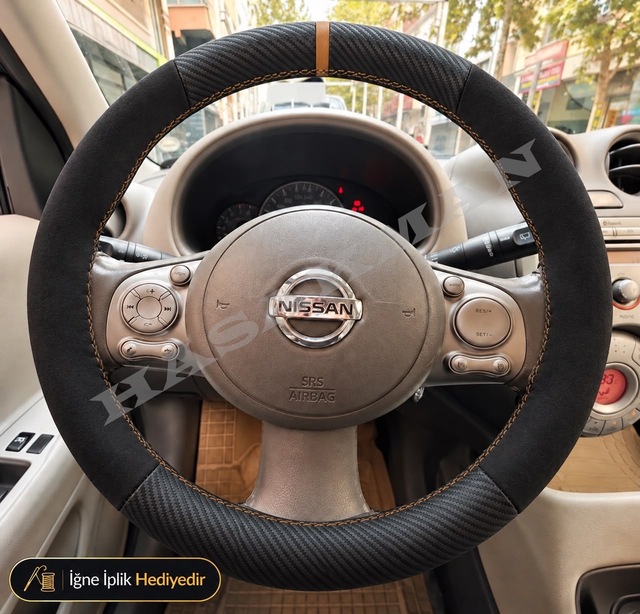 Nissan Micra K12 Dikme Direksiyon Kılıfı Alcantara Süet Mat Karbon Bej Yüzük Ve Dikiş Mood-visia-tekna-dolu 2003-2010